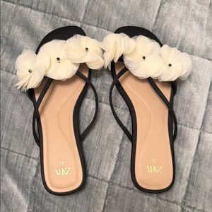 Zara Black Slide Sandals with Cream Floral Details
